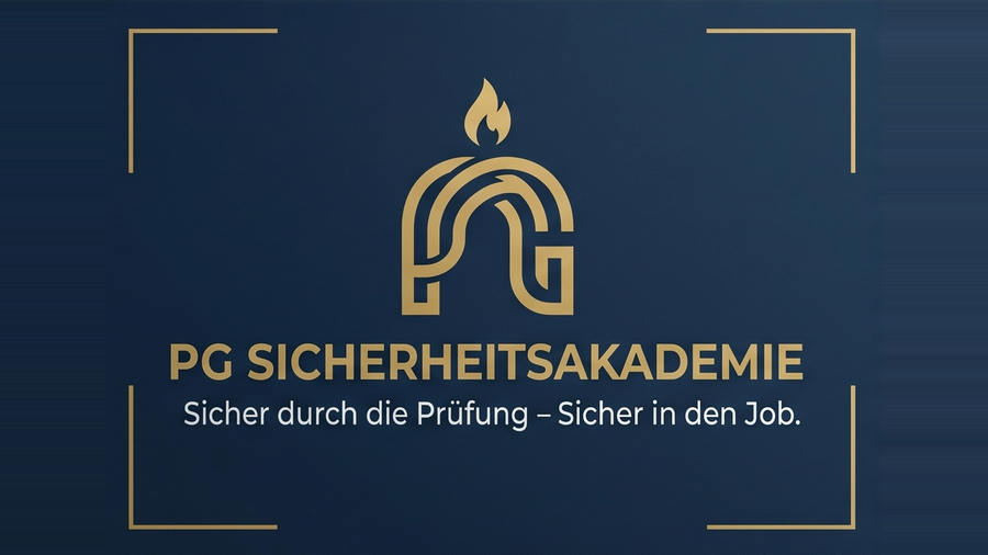 Logo der PG Sicherheitsakademie mit goldenem PG-Monogramm und der Tagline: Sicher durch die Prüfung – sicher in den Job.